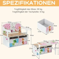 3 in 1 Kinder Tisch & Stuhl-Set mit 2 Abnehmbaren Stoffkörben zum Malen & Spielen & Lernen Weiß