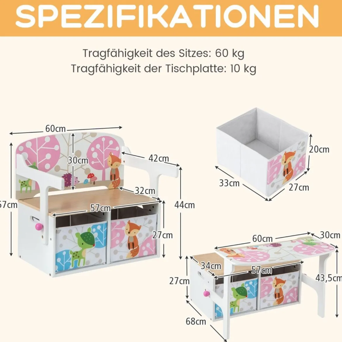 3 in 1 Kinder Tisch & Stuhl-Set mit 2 Abnehmbaren Stoffkörben zum Malen & Spielen & Lernen Weiß