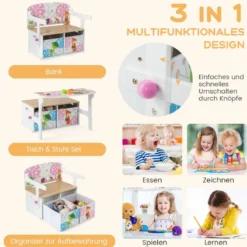 3 in 1 Kinder Tisch & Stuhl-Set mit 2 Abnehmbaren Stoffkörben zum Malen & Spielen & Lernen Weiß