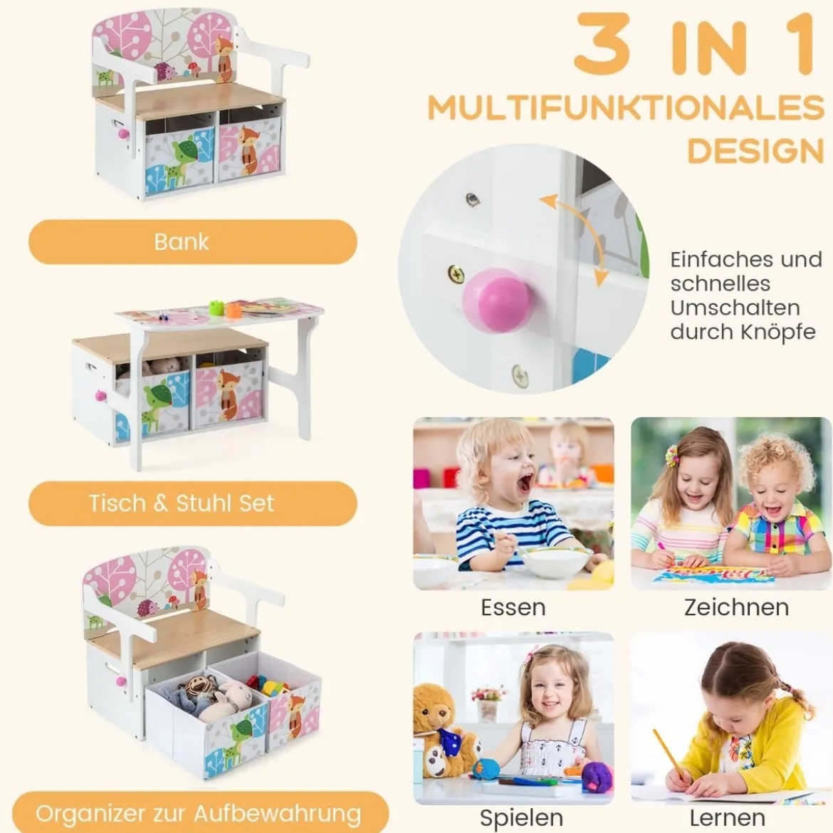 3 in 1 Kinder Tisch & Stuhl-Set mit 2 Abnehmbaren Stoffkörben zum Malen & Spielen & Lernen Weiß