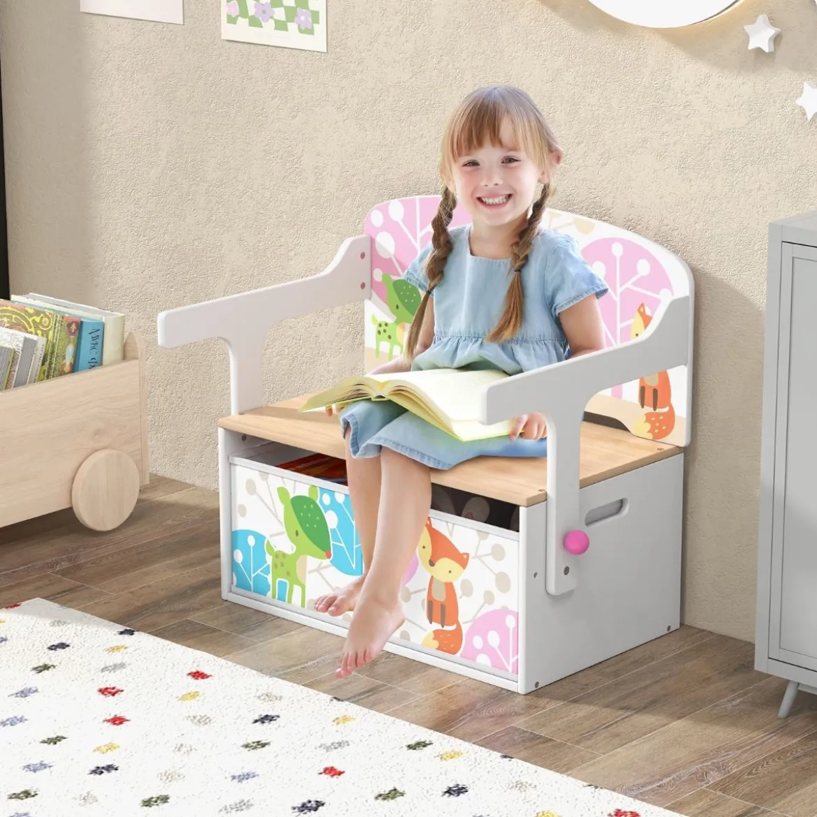 3 in 1 Kinder Tisch & Stuhl-Set mit 2 Abnehmbaren Stoffkörben zum Malen & Spielen & Lernen Weiß