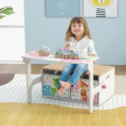 3 in 1 Kinder Tisch & Stuhl-Set mit 2 Abnehmbaren Stoffkörben zum Malen & Spielen & Lernen Weiß
