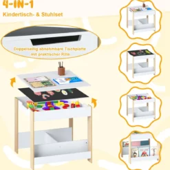 4 in 1 Kinder Tisch- & Stuhlset mit Wendem Tischplatte & Bücherregale Kindertisch-Set