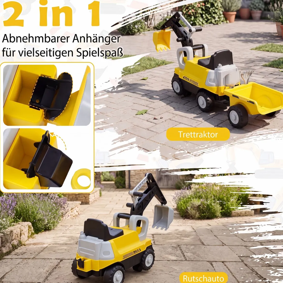 2 in 1 Kindertraktor Kinder Aufsitz-Bagger mit Abnehmbarem Anhänger Rechen Schaufel und Stauraum Gelb