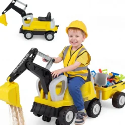 2 in 1 Kindertraktor Kinder Aufsitz-Bagger mit Abnehmbarem Anhänger Rechen Schaufel und Stauraum Gelb