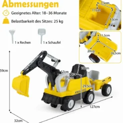 2 in 1 Kindertraktor Kinder Aufsitz-Bagger mit Abnehmbarem Anhänger Rechen Schaufel und Stauraum Gelb