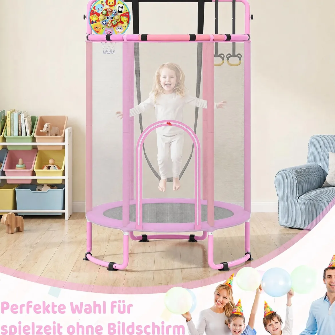 6 in 1 Kindertrampolin mit Sicherheitsnetz & Hitzeverzinkte Metallrahmen 140 x 140 x 214 cm