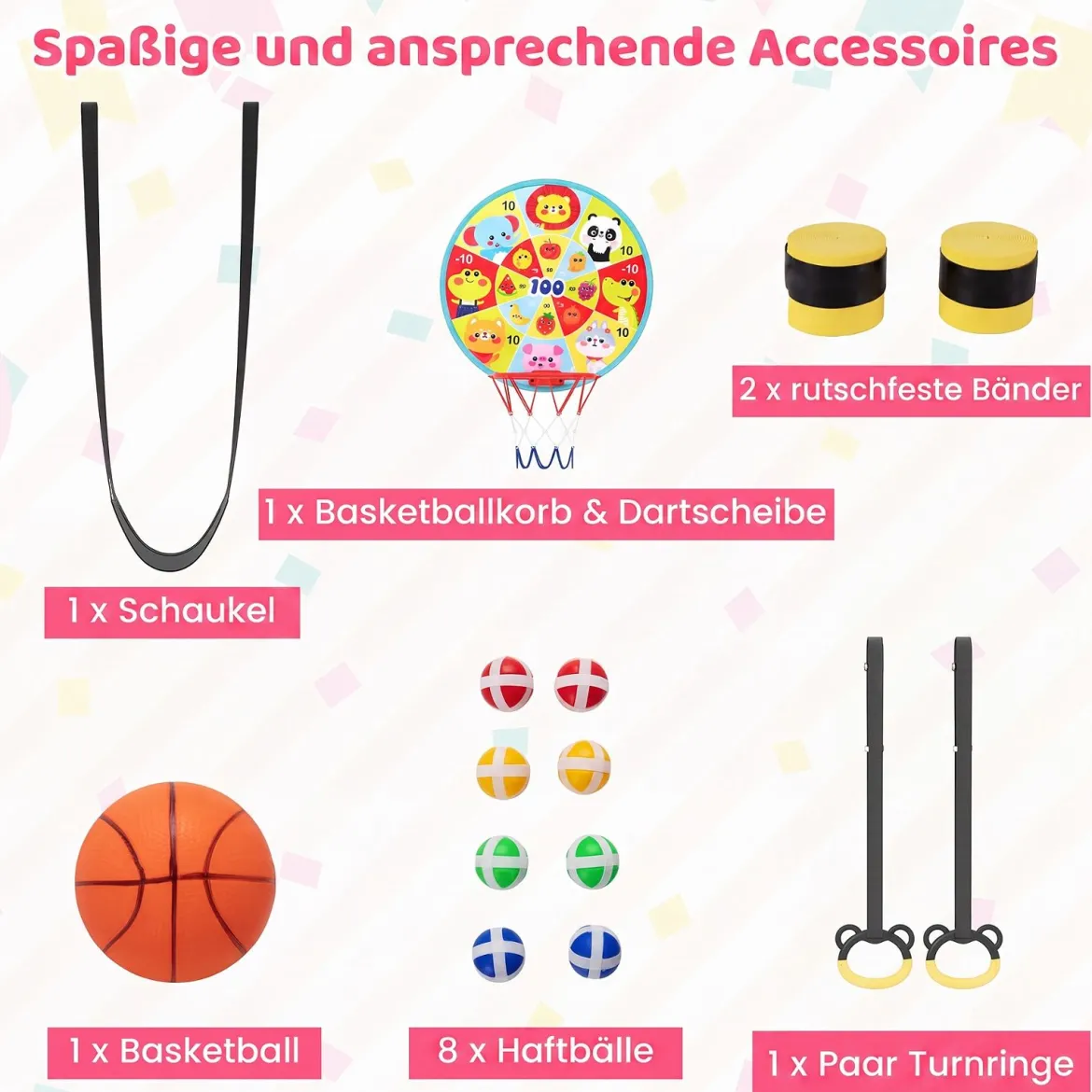 6 in 1 Kindertrampolin mit Sicherheitsnetz & Hitzeverzinkte Metallrahmen 140 x 140 x 214 cm