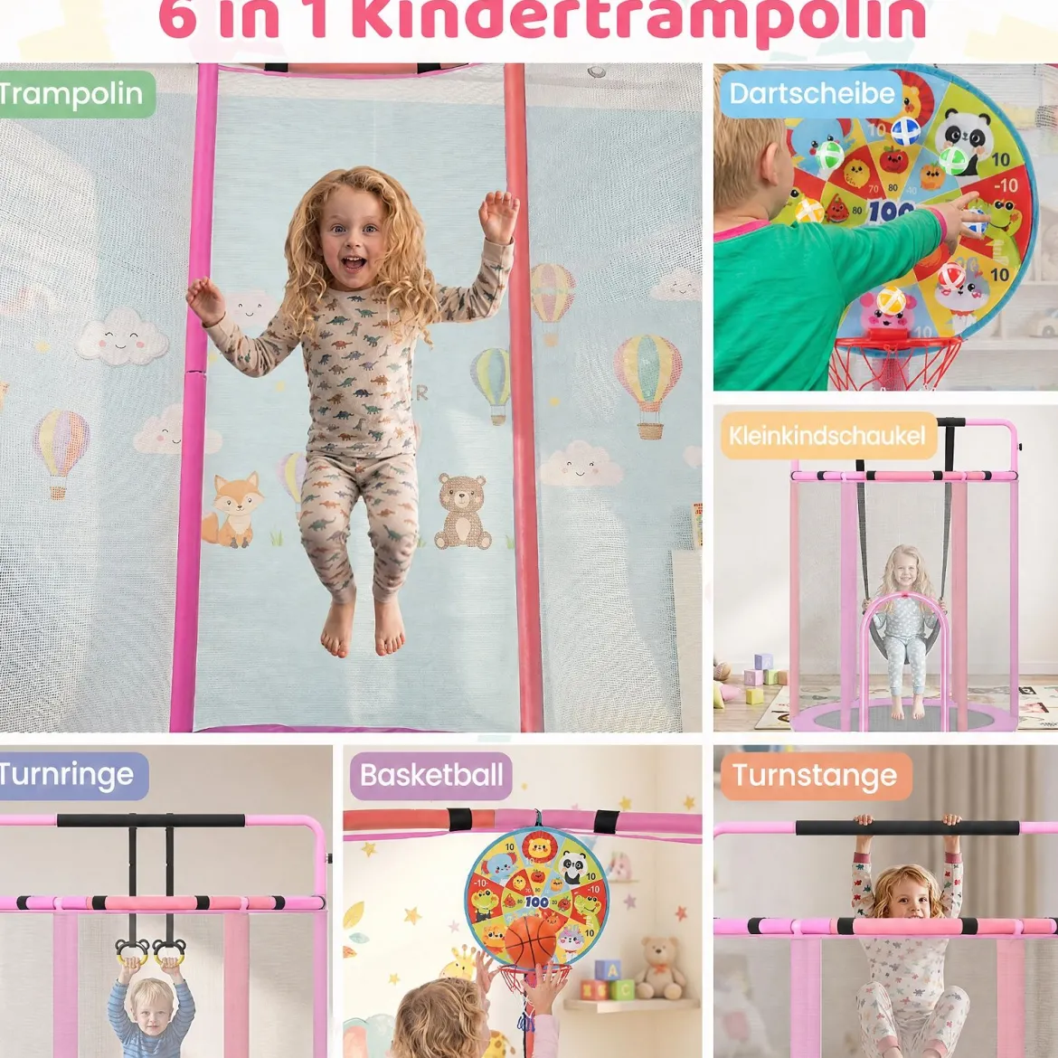 6 in 1 Kindertrampolin mit Sicherheitsnetz & Hitzeverzinkte Metallrahmen 140 x 140 x 214 cm