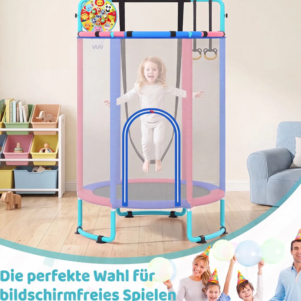 6 in 1 Kindertrampolin mit Sicherheitsnetz & Hitzeverzinkte Metallrahmen 140 x 140 x 214 cm
