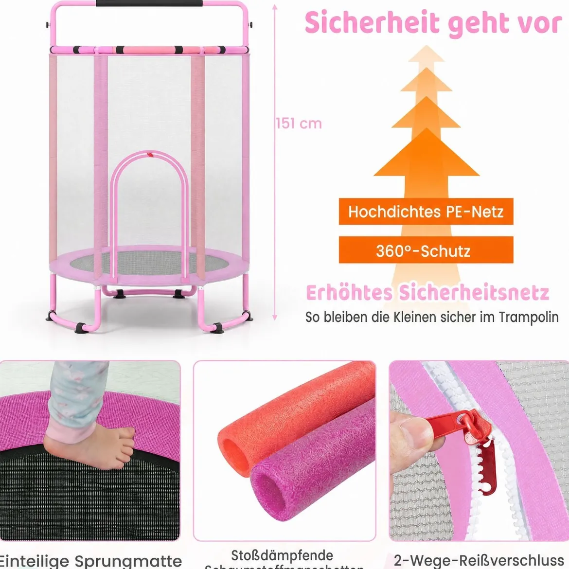 6 in 1 Kindertrampolin mit Sicherheitsnetz & Hitzeverzinkte Metallrahmen 140 x 140 x 214 cm
