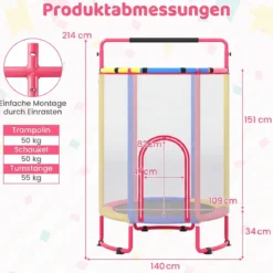 6 in 1 Kindertrampolin mit Sicherheitsnetz & Hitzeverzinkte Metallrahmen 140 x 140 x 214 cm