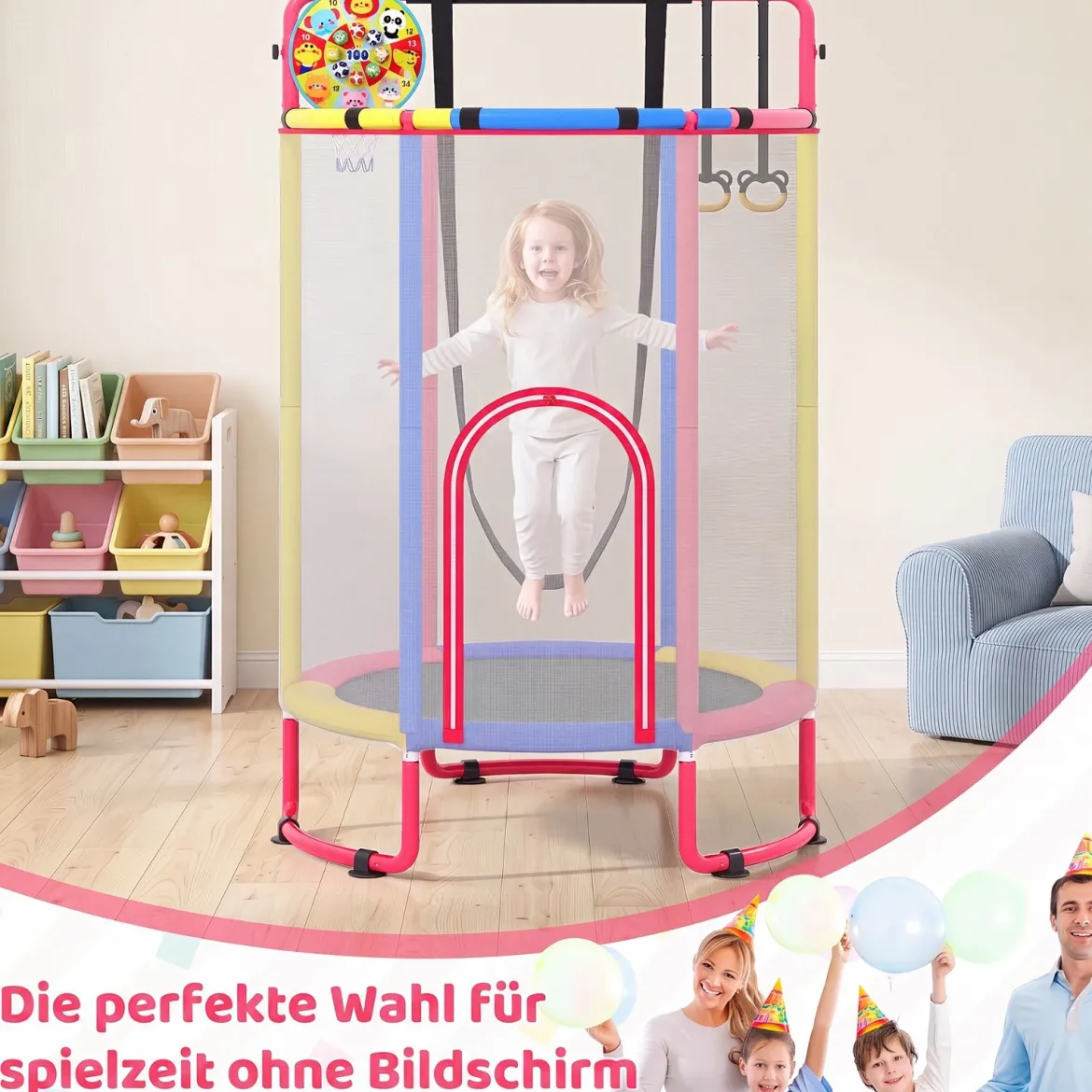 6 in 1 Kindertrampolin mit Sicherheitsnetz & Hitzeverzinkte Metallrahmen 140 x 140 x 214 cm