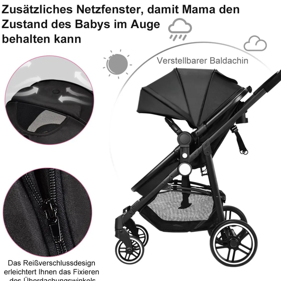 2 in 1 Kinderwagen faltbar Kombikinderwagen mit umkehrbarem Sitz Schwarz/Grau