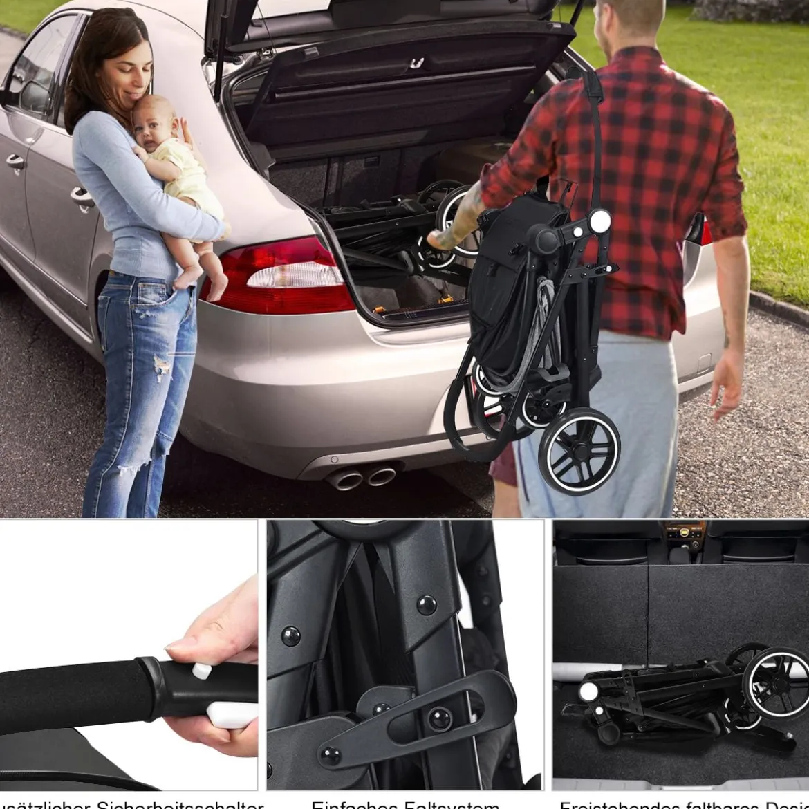2 in 1 Kinderwagen faltbar Kombikinderwagen mit umkehrbarem Sitz Schwarz/Grau