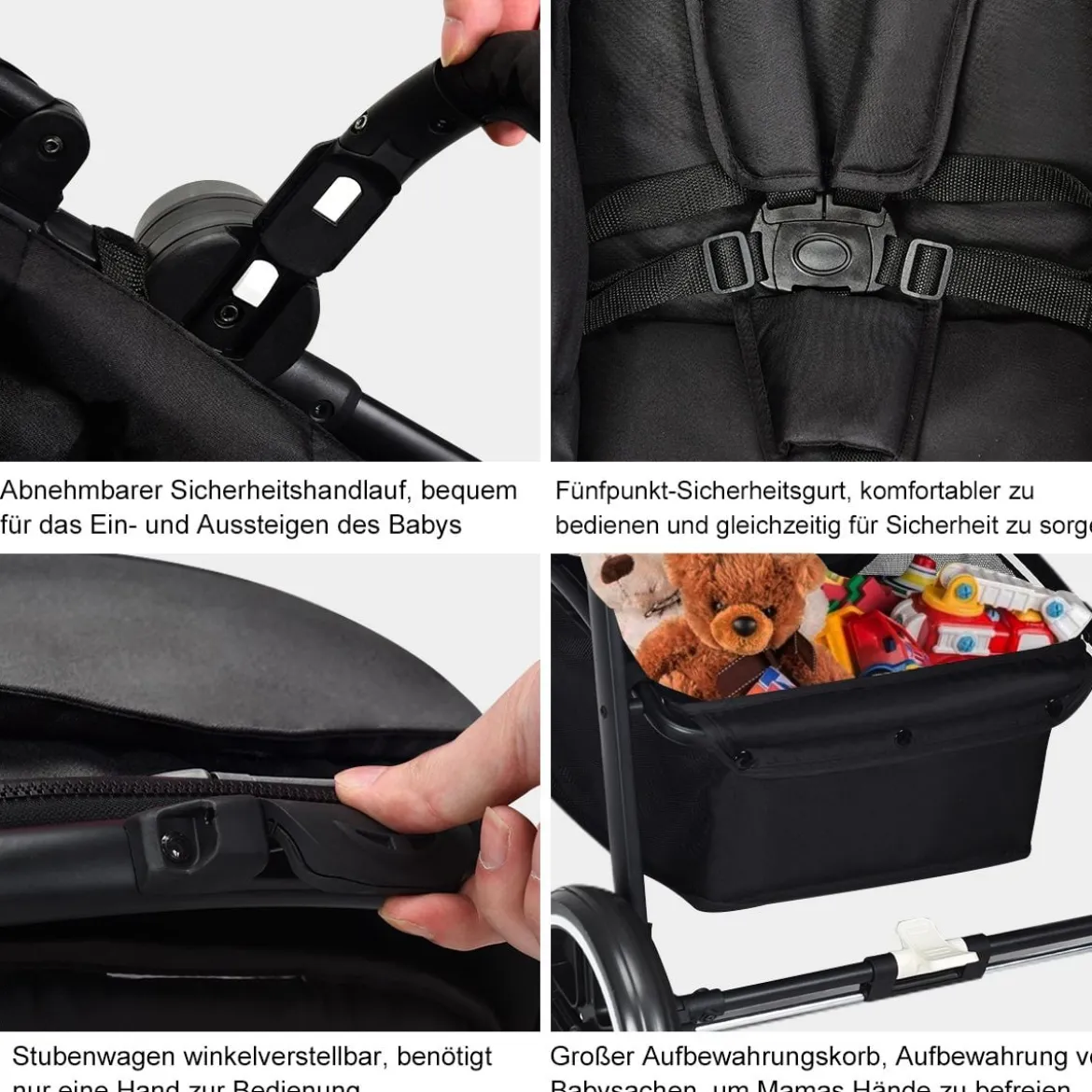 2 in 1 Kinderwagen faltbar Kombikinderwagen mit umkehrbarem Sitz Schwarz/Grau