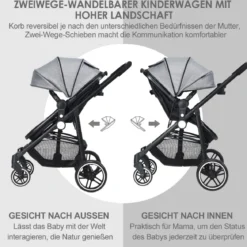 2 in 1 Kinderwagen faltbar Kombikinderwagen mit umkehrbarem Sitz Schwarz/Grau