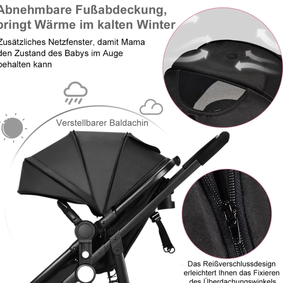 2 in 1 Kinderwagen faltbar Kombikinderwagen mit umkehrbarem Sitz Schwarz/Grau