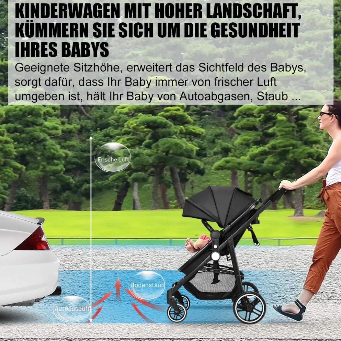 2 in 1 Kinderwagen faltbar Kombikinderwagen mit umkehrbarem Sitz Schwarz/Grau