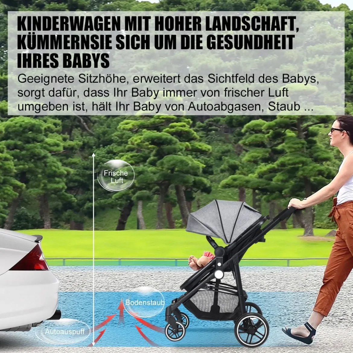 2 in 1 Kinderwagen faltbar Kombikinderwagen mit umkehrbarem Sitz Schwarz/Grau