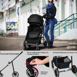 2 in 1 Kinderwagen faltbar Kombikinderwagen mit umkehrbarem Sitz Schwarz/Grau