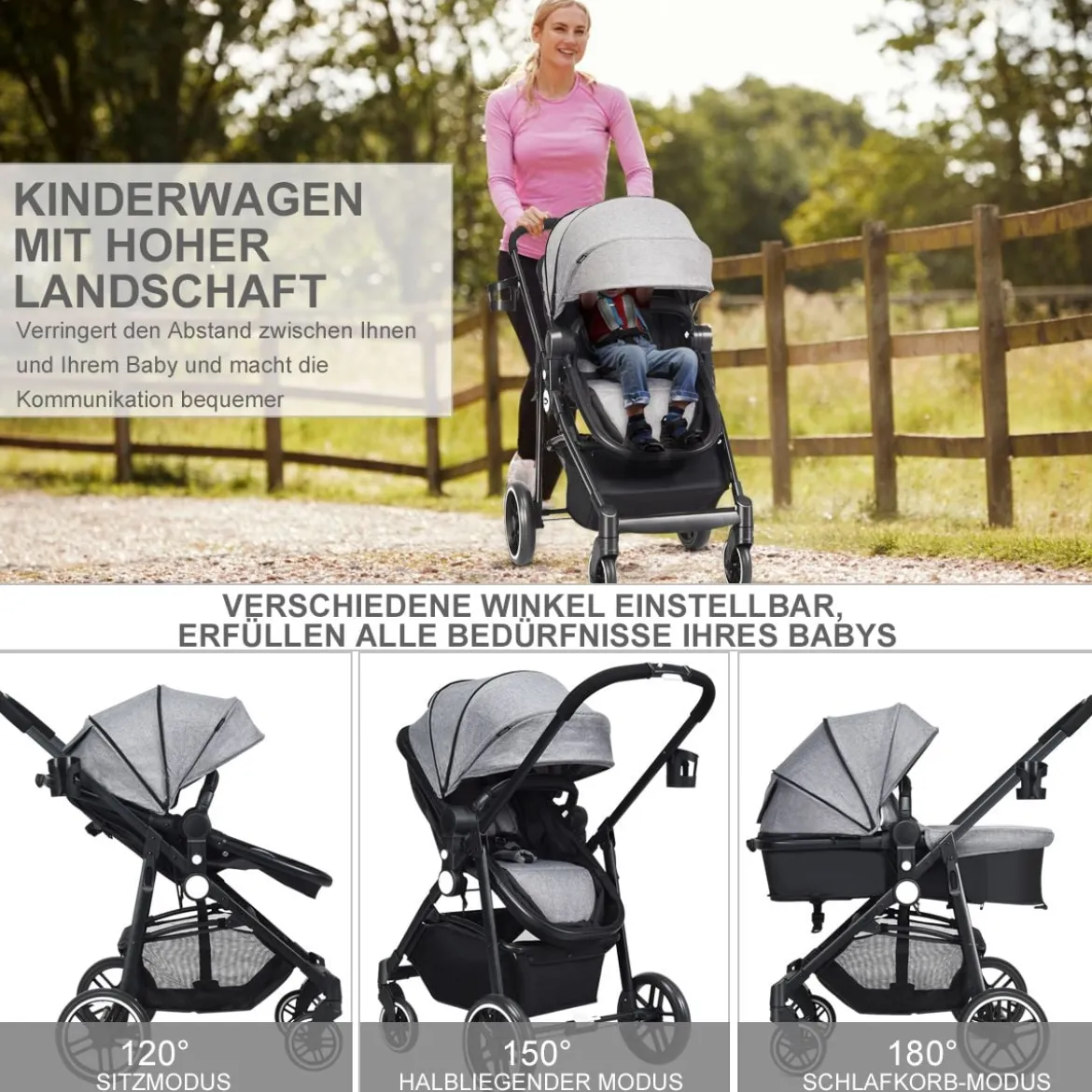 2 in 1 Kinderwagen faltbar Kombikinderwagen mit umkehrbarem Sitz Schwarz/Grau