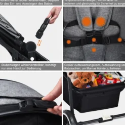 2 in 1 Kinderwagen faltbar Kombikinderwagen mit umkehrbarem Sitz Schwarz/Grau