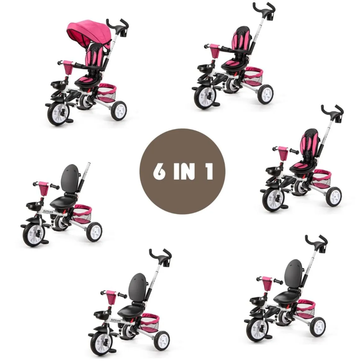 6-in-1 Kinderwagen mit Dach & Sicherheitsgurt für Kinder im Alter von 12 - 50 Monaten Rosa