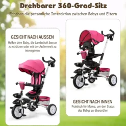 6-in-1 Kinderwagen mit Dach & Sicherheitsgurt für Kinder im Alter von 12 - 50 Monaten Rosa