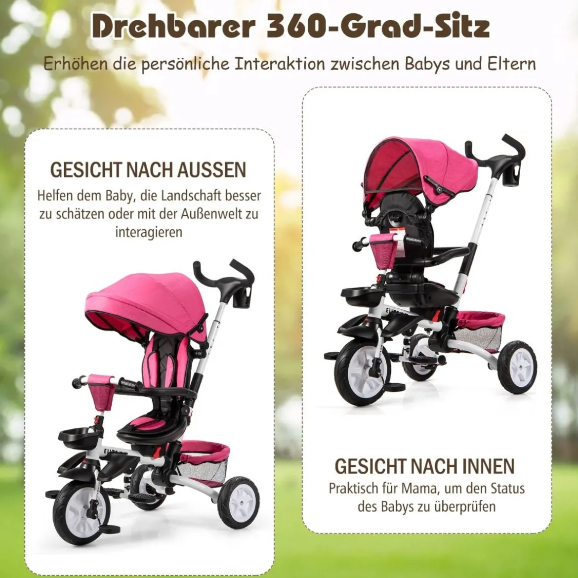 6-in-1 Kinderwagen mit Dach & Sicherheitsgurt für Kinder im Alter von 12 - 50 Monaten Rosa