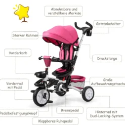 6-in-1 Kinderwagen mit Dach & Sicherheitsgurt für Kinder im Alter von 12 - 50 Monaten Rosa