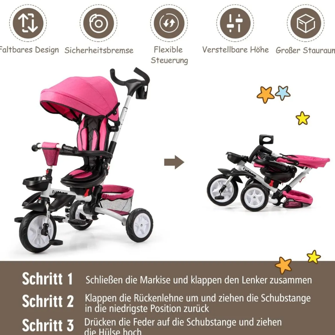 6-in-1 Kinderwagen mit Dach & Sicherheitsgurt für Kinder im Alter von 12 - 50 Monaten Rosa