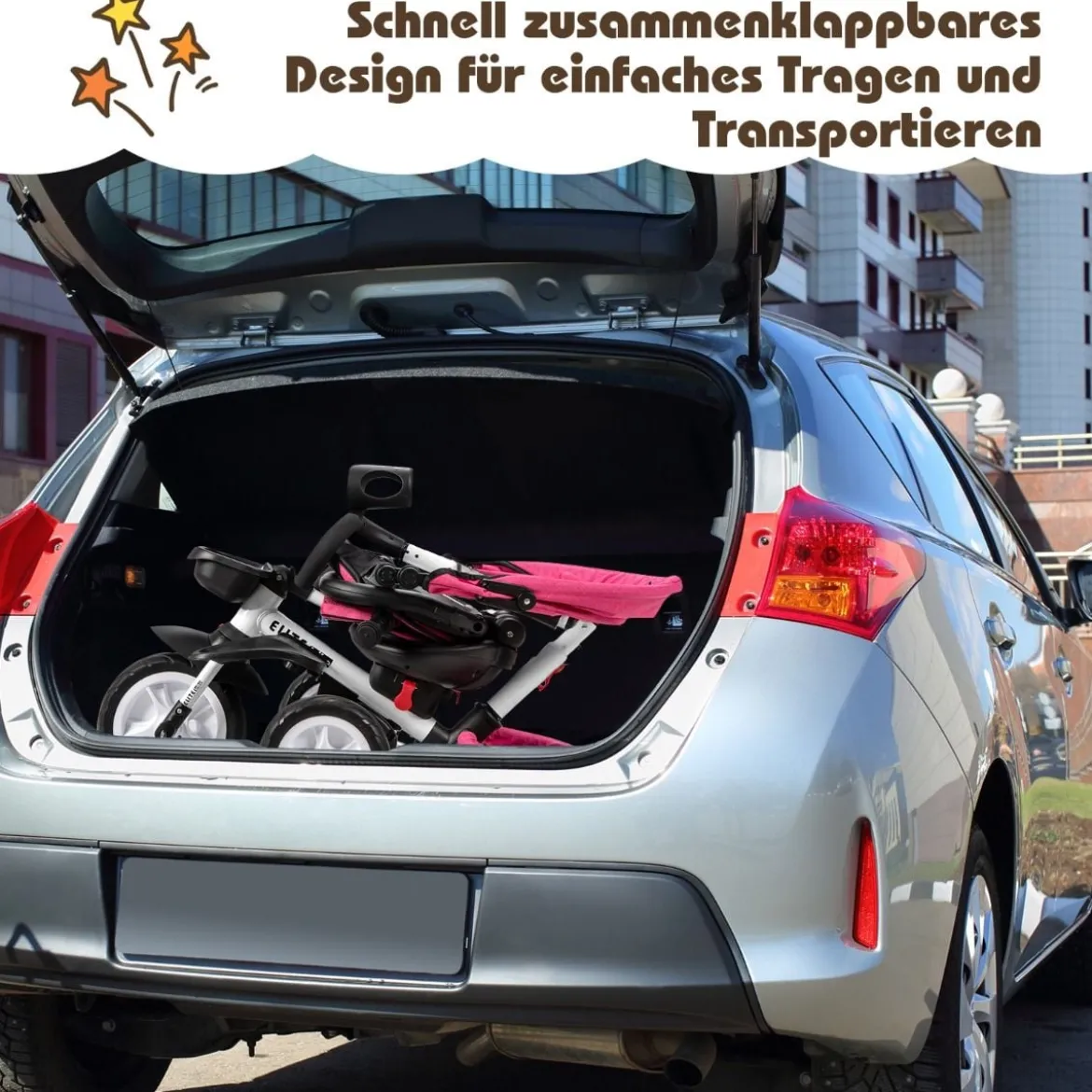 6-in-1 Kinderwagen mit Dach & Sicherheitsgurt für Kinder im Alter von 12 - 50 Monaten Rosa