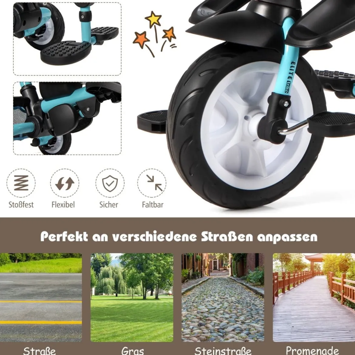 6-in-1 Kinderwagen mit Dach & Sicherheitsgurt für Kinder im Alter von 12 - 50 Monaten Blau