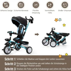 6-in-1 Kinderwagen mit Dach & Sicherheitsgurt für Kinder im Alter von 12 - 50 Monaten Blau