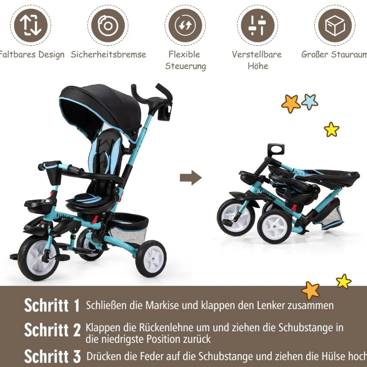 6-in-1 Kinderwagen mit Dach & Sicherheitsgurt für Kinder im Alter von 12 - 50 Monaten Blau