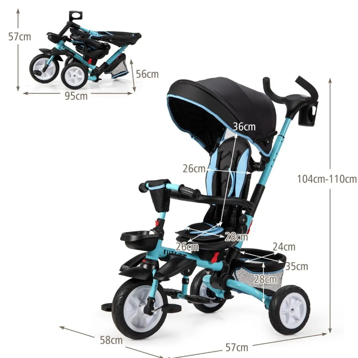 6-in-1 Kinderwagen mit Dach & Sicherheitsgurt für Kinder im Alter von 12 - 50 Monaten Blau
