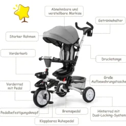 6-in-1 Kinderwagen mit Dach & Sicherheitsgurt für Kinder im Alter von 12 - 50 Monaten Grau