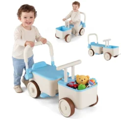 3 in 1 Kinderwagen mit Rollen Schiebe-Zieh-Lauflernwagen mit Stauraum & Klappbarem Griff