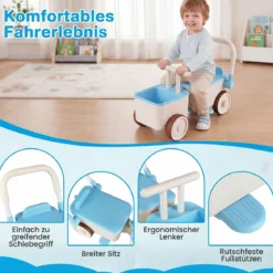 3 in 1 Kinderwagen mit Rollen Schiebe-Zieh-Lauflernwagen mit Stauraum & Klappbarem Griff
