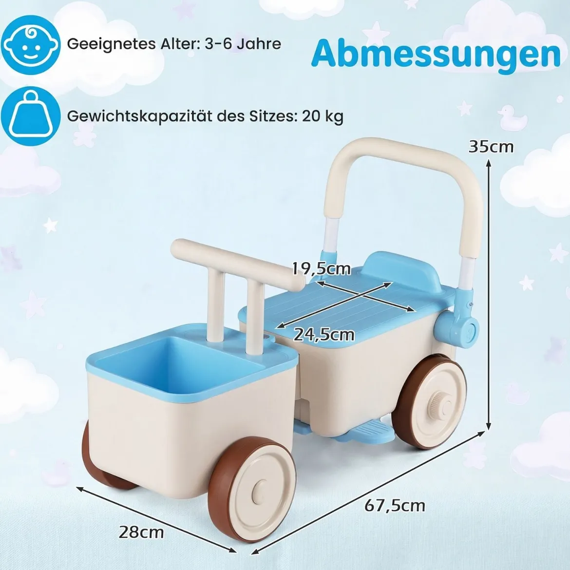 3 in 1 Kinderwagen mit Rollen Schiebe-Zieh-Lauflernwagen mit Stauraum & Klappbarem Griff