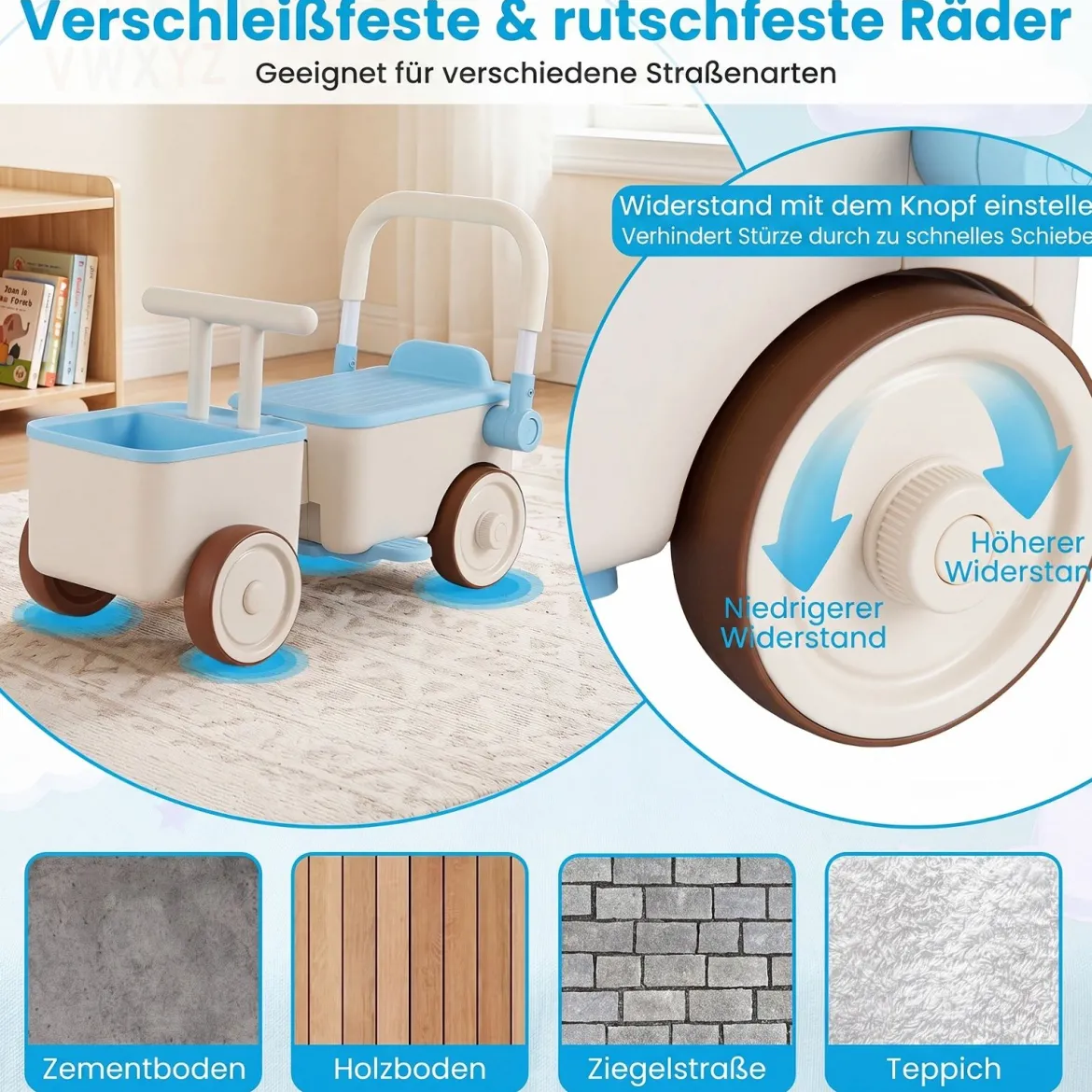 3 in 1 Kinderwagen mit Rollen Schiebe-Zieh-Lauflernwagen mit Stauraum & Klappbarem Griff