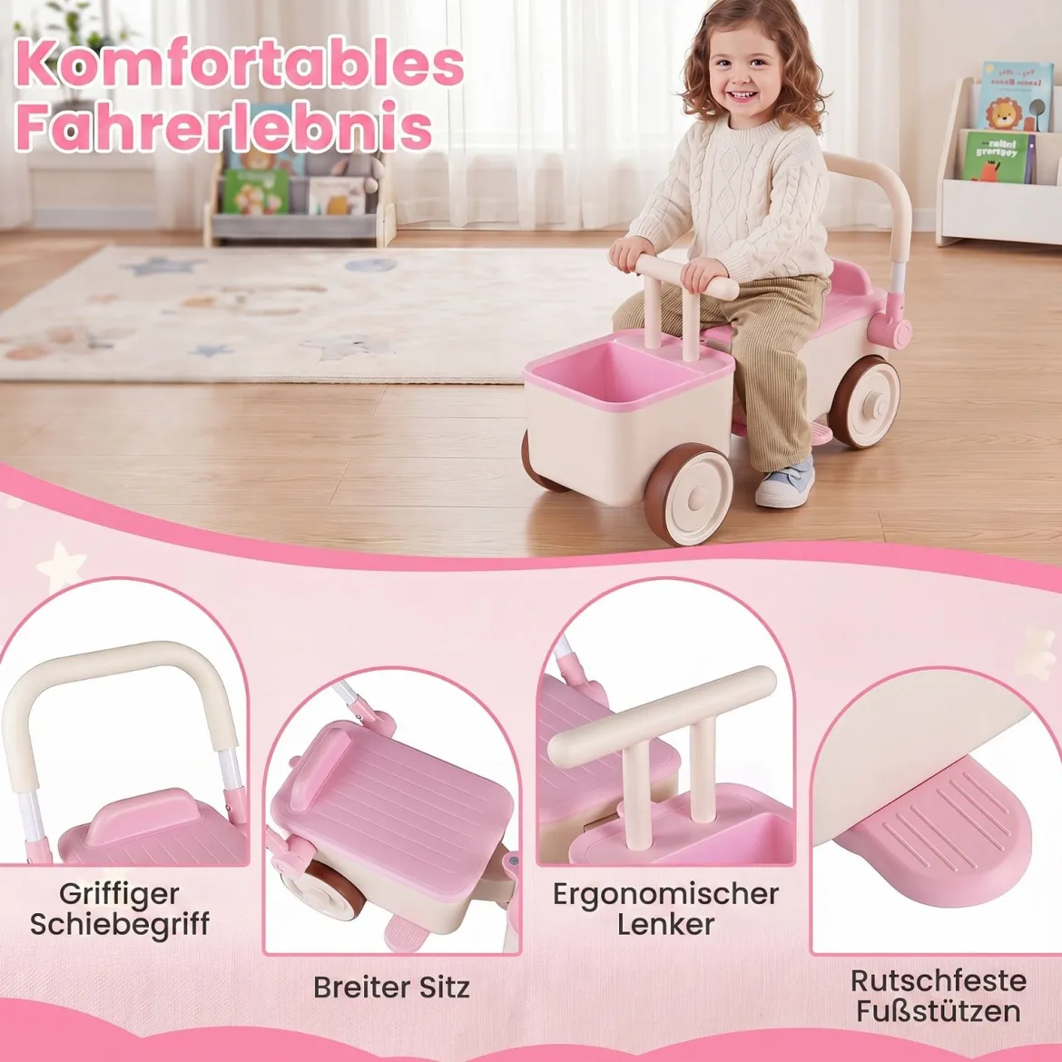 3 in 1 Kinderwagen mit Rollen Schiebe-Zieh-Lauflernwagen mit Stauraum & Klappbarem Griff