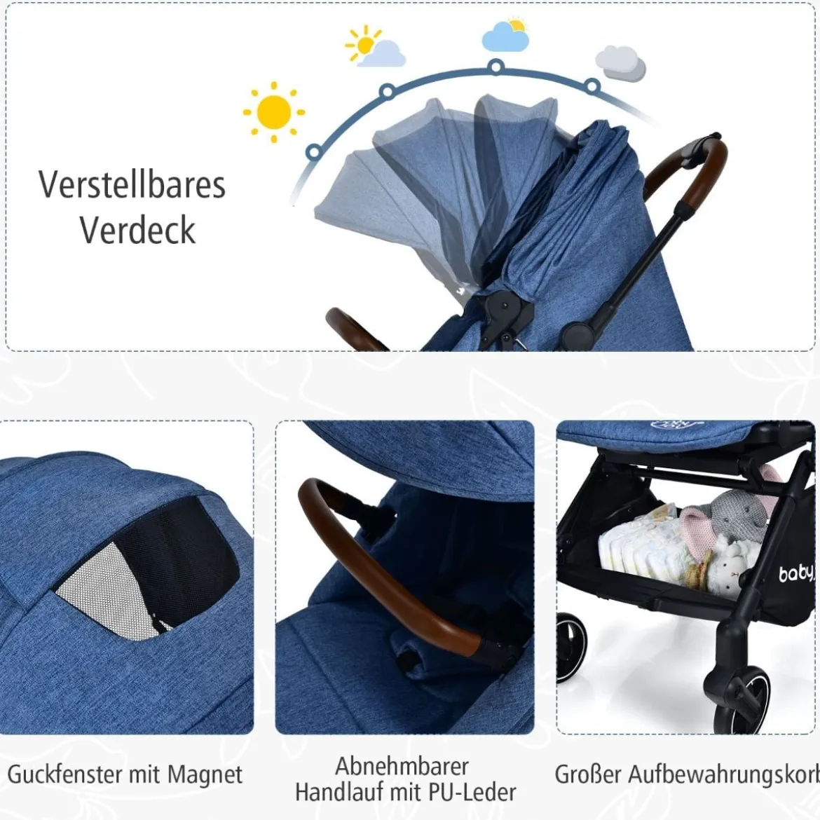 2 in 1 Kinderwagen mit verstellbarem Verdeck Klappbarer Kinderwagen 92 x 53,5 x 100 cm Blau