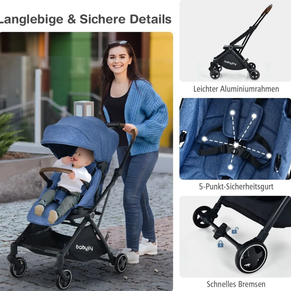 2 in 1 Kinderwagen mit verstellbarem Verdeck Klappbarer Kinderwagen 92 x 53,5 x 100 cm Blau