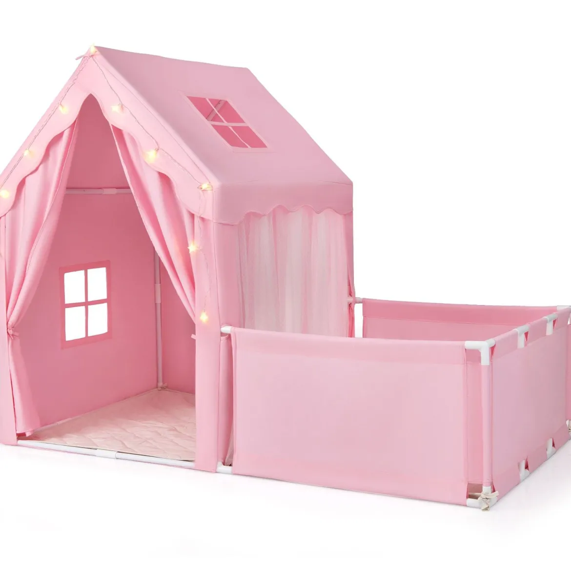 2 in 1 Kinderzelt & Laufgitter mit Lichterkette & Abwaschbarer Matte Kinder Spielhaus Spielzelt Rosa