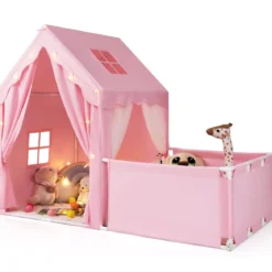 2 in 1 Kinderzelt & Laufgitter mit Lichterkette & Abwaschbarer Matte Kinder Spielhaus Spielzelt Rosa