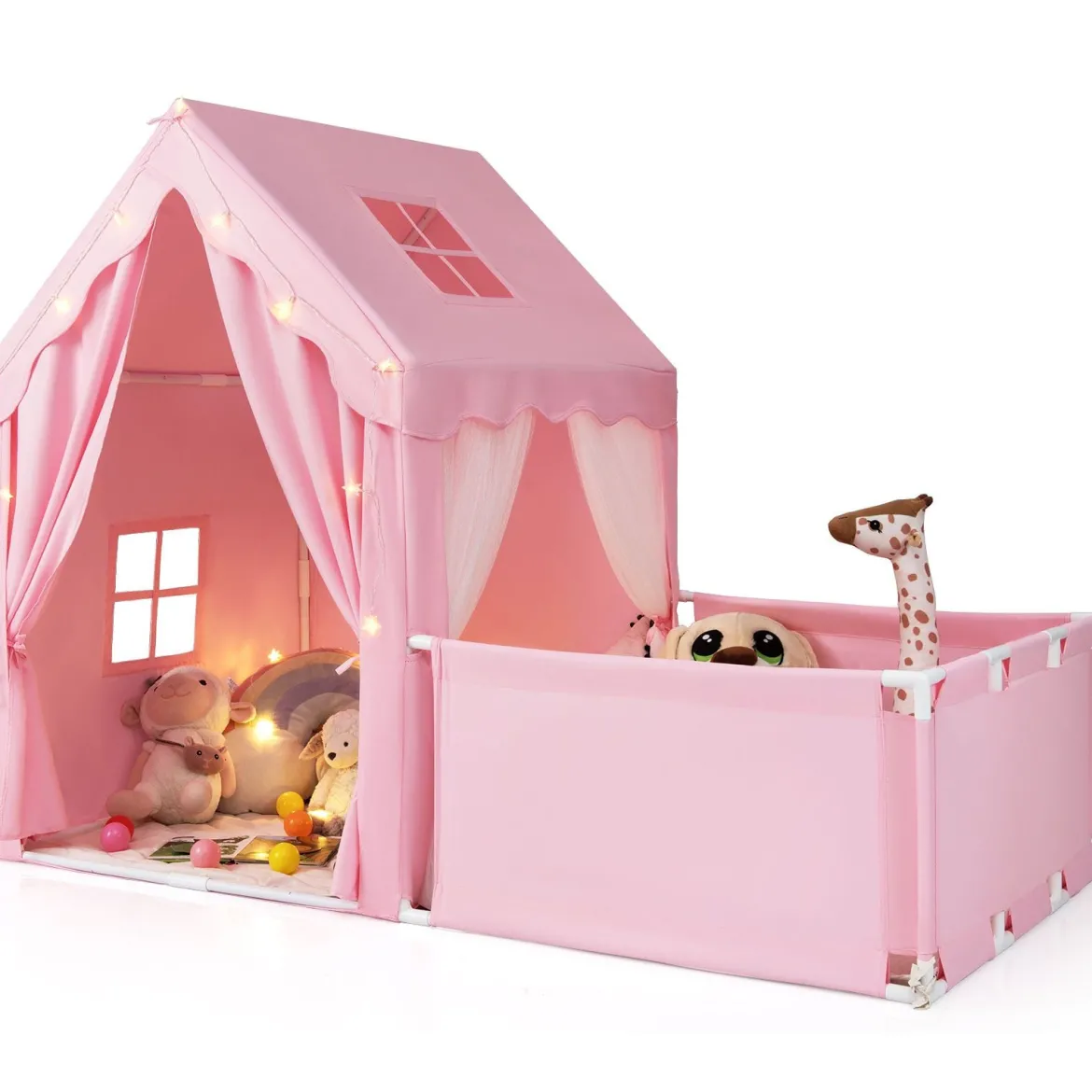 2 in 1 Kinderzelt & Laufgitter mit Lichterkette & Abwaschbarer Matte Kinder Spielhaus Spielzelt Rosa