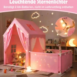 2 in 1 Kinderzelt & Laufgitter mit Lichterkette & Abwaschbarer Matte Kinder Spielhaus Spielzelt Rosa