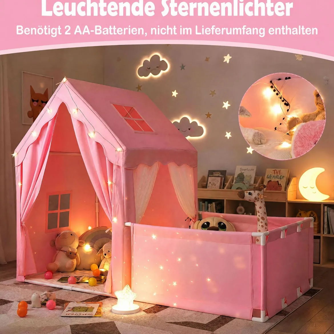 2 in 1 Kinderzelt & Laufgitter mit Lichterkette & Abwaschbarer Matte Kinder Spielhaus Spielzelt Rosa